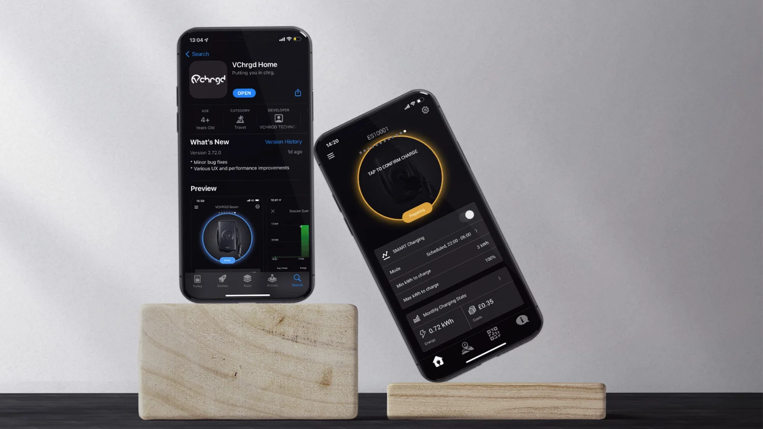 Two phones showing the actual VCHRGD Home app and charging-history screens